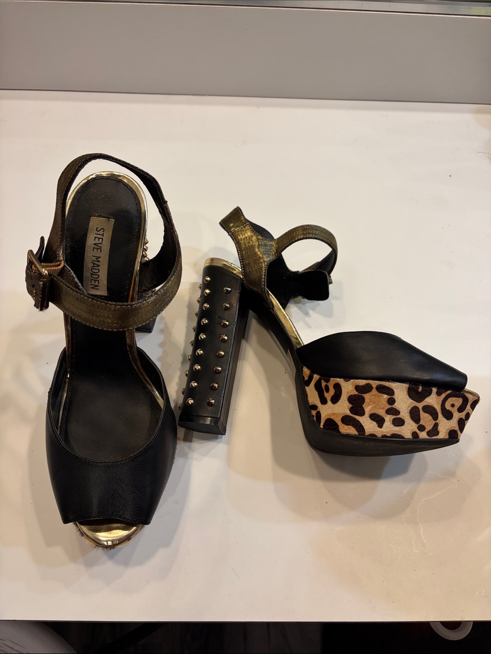 Steve Madden Black & Gold Platform Sandals with Leopard Accent